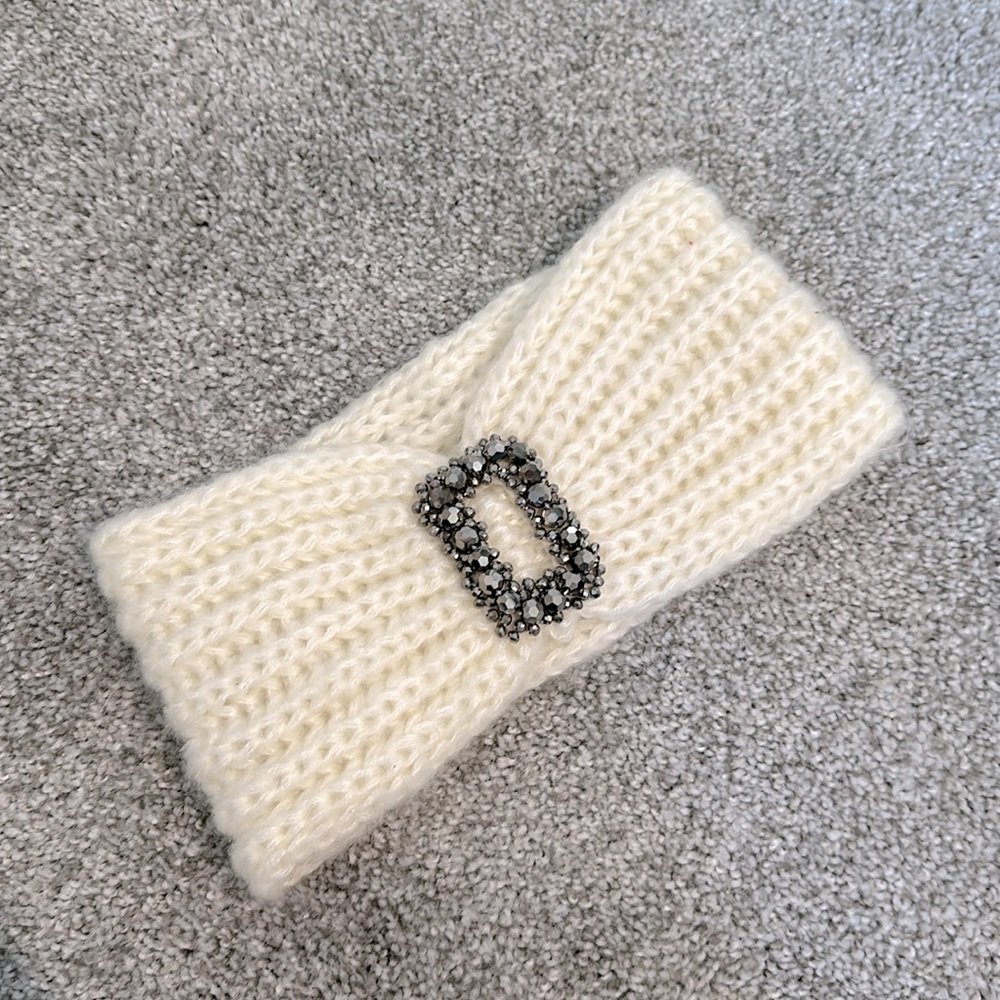 White crochet winter headband with silver beaded accents